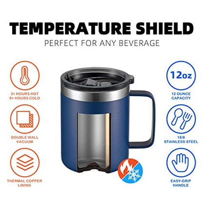 12 oz Insulated Travel Coffee Mug with Handle, Navy | Stainless Steel Coffee Tumbler with Lid, Double Wall Vacuum Thermal Cup for Camping - color: Sliding Lid: Navy, size: 1 Count (Pack of 1)