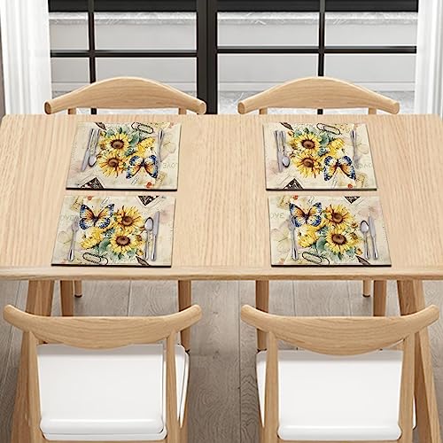 Durable Placemats Set of 4, Dining Table Woven Vinyl PVC Placemat Wipeable Easy to Clean Oil-Proof Non-Slip Tablemats for Kitchen, Butterfly Sunflower Retro - color: Butterfly Sunflower Retro, size: Set of 4