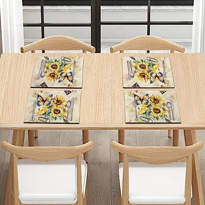 Durable Placemats Set of 4, Dining Table Woven Vinyl PVC Placemat Wipeable Easy to Clean Oil-Proof Non-Slip Tablemats for Kitchen, Butterfly Sunflower Retro - color: Butterfly Sunflower Retro, size: Set of 4
