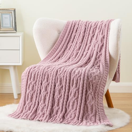 Battilo Pink Throw Blanket for Couch, Cable Knit Blanket, Soft Chenille Throw Blanket, Cozy Warm Blankets for Girls Daughter Women Gifts for Mom, 51"x67", Blush - color: Blush