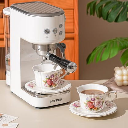 Ceramic Floral Cups with Saucers，7 oz Espresso Cups for Latte Coffee Cafe, Cappuccino and Tea(1, Rose) - color: Rose