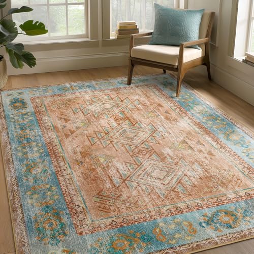 Ashler Boho Rug, 5x7 Area Rugs, Vintage Rugs, Large Area Rug for Living Room, Bedroom, Kitchen, Dinner, Orange/Teal/Terracotta Home Decor, Non-Slip & Machine Washable Rugs, Carpet Decoration - color: A-orange/Teal/Terracotta, size: 5' x 7' (Rectangular)
