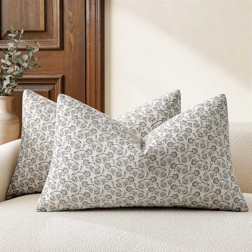 Ditsy Floral Lumbar Pillow Covers Set of 2, 12x20 Inch Light Grey | 100% Organic Cotton, Soft Breathable, Farmhouse Cottage Block Print Cushion Covers, Handcrafted for Sofa Couch Living Bedroom - color: Light Grey, size: 20" x 12" (Pack of 2)