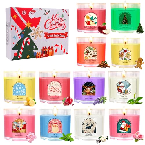 Christmas Candles for Women 12 Pack Candles for Home Scented Winter Holiday 240Hours Small Natural Soy Wax Candle Bulk Mini Candle Gift Set for Men Women Holiday Christmas New Year Winter Décor