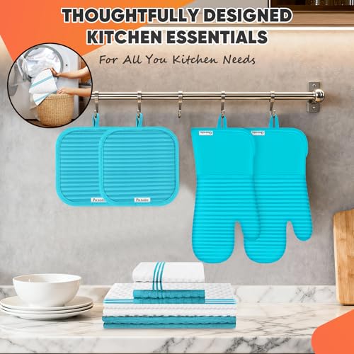 Oven Mitts Kitchen Towels and Dishcloths with Pot Holders Sets, Oven Gloves Hot Pads 500°F Heat Resistant with Silicone Grip, Include 2 Cooking Gloves/2 Potholders/4 Kitchen Towels/4 Dish Towels - color: Lake Blue