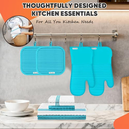 Oven Mitts Kitchen Towels and Dishcloths with Pot Holders Sets, Oven Gloves Hot Pads 500°F Heat Resistant with Silicone Grip, Include 2 Cooking Gloves/2 Potholders/4 Kitchen Towels/4 Dish Towels - color: Lake Blue