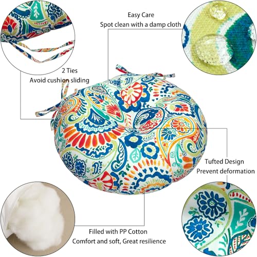 Magpie Fabrics 15" Round Bistro Seat Cushions with Ties, Set of 2, Waterproof All Weather Tufted 4" Thick Patio Chair Pads for Home Garden Dining Metal Stool - Paisley Multi - color: A Paisley Multi