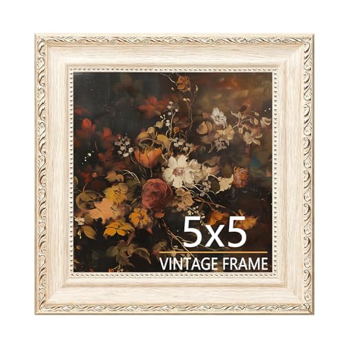 5x5 Picture Frame, Vintage Small Photo Frame for Tabletop & Wall Mount | Cream Ivory Frame with Golden Floral & Beaded Details, HD Tempered Glass, Antique Home Décor, 1 Pack - color: Cream Ivory, size: 5x5 - 1 Pack