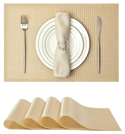 Leetaltree Woven Vinyl Placemats Set of 4, Gold Sequin | Waterproof & Washable Dining Table Mats for Wedding, Anniversary, Daily Use, Hand-Cut, Easy to Clean - color: 00- Gold Sequin, size: Set of 4