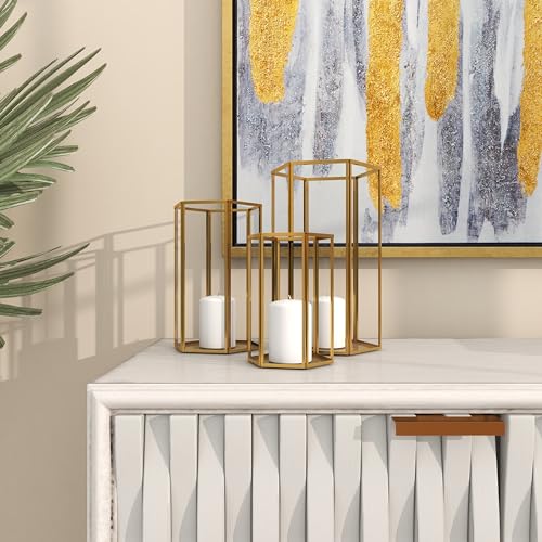 CosmoLiving by Cosmopolitan Glass Decorative Candle Lantern with Metal Plate, Set of 3 6", 8", 10" H, Gold (Pack of 5) - size: 3 PIECES SMALL SIZE (Pack of 5)