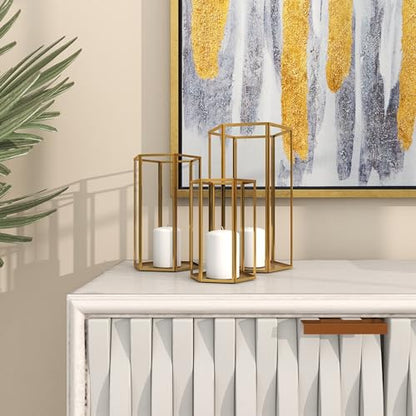 CosmoLiving by Cosmopolitan Glass Decorative Candle Lantern with Metal Plate, Set of 3 6", 8", 10" H, Gold (Pack of 5) - size: 3 PIECES SMALL SIZE (Pack of 5)