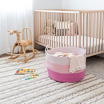 OrganiHaus Round Toy Basket & Blanket Basket, Cotton Rope 20x13" | 3-Toned Pink - Round Cotton Rope Basket, 20x13" - color: 3-toned Pink, size: Wide