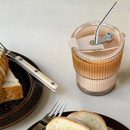 13 OZ Glass Cups with Lids and Straws, Iced Coffee Cups with Lids, Clear Ribbed Glassware for Coffee Smoothie Cocktail Ice Tea, Glass Tumbler with Straw and Lid, Set of 4