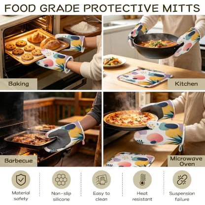 Oven Mitts and Pot Holders Boho Tropical Leaves Silicone Kitchen Accessories Set of 4 Heat Resistant Gloves Potholder Non-Slip Grip for Chef Cooking Baking Grilling BBQ - color: Boho Tropical Leaves