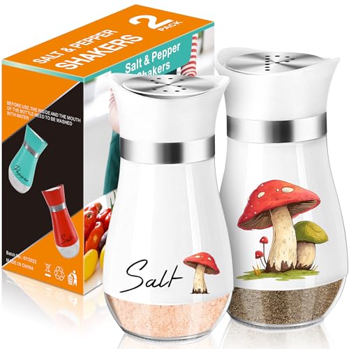 White Mushroom Salt and Pepper Shakers - Refillable Stainless Steel Set | Stainless Steel Shakers with Lids Are Easy to Refill and Bring Country Charm to Kitchen Counters, Tables and Dining Areas. - color: white mushroom