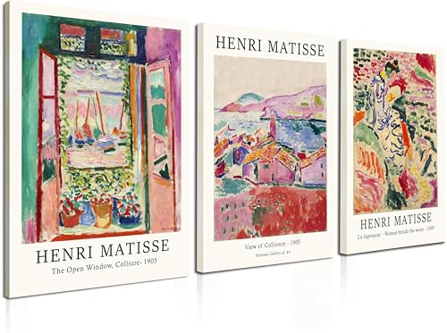 Induslyfe Framed Retro Vintage Wall Art Canvas Decor Set of 3, Matisse Prints Poster Mid Century Modern Art, Sage Green Aesthetic Floral Botanical for Bedroom Living Room Bathroom 12x16 - color: Retro, size: 12"x16"