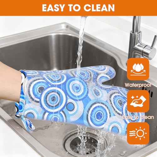 Silicone Oven Mitts Set Heat Resistant 2PCS Kitchen Mittens with Soft Cotton Lining Long Waterproof Non-Slip Oven Gloves for Cooking, BBQ, Baking-Blue - color: Blue
