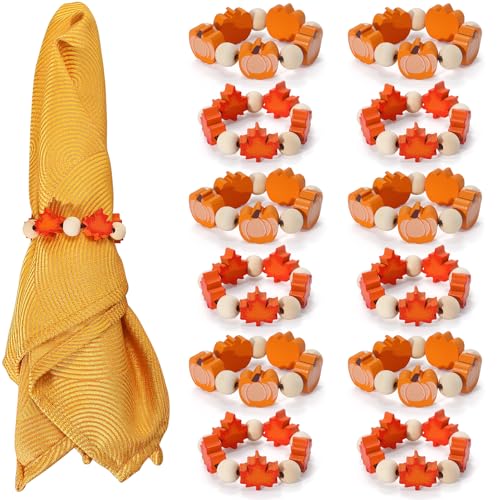 KPOSIYA Fall Napkin Rings Set of 12, Thanksgiving Pumpkin Maple Leaf Napkin Rings for Table Decor, Wooden Napkin Holder Buckle for Holiday, Halloween, Fall Banquet, Home Party, Wedding Supplies - size: 12pcs, style: Pumpkin Maple Leaf 2