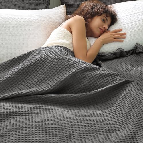 PHF Ultra Soft Waffle Weave Blanket Queen Size, Lightweight Breathable Cooling Skin-Friendly Cozy Throw for Spring Summer for Hot Sleepers，Aesthetic Home Decor for Bed Couch, Giftable, Grey, 90"* 90" - color: Grey, size: Queen(90" x 90")