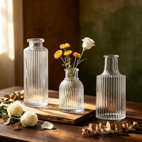 Mini Ribbed Glass Bud Vases Set of 6, Small Fluted Glass Flower Vases for Wedding Reception Centerpieces, Tabletop Decorations, Modern Home Decor