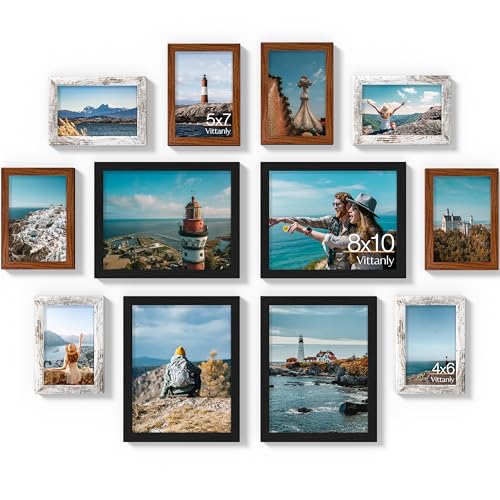 Vittanly 12 Pack Gallery Wall Frame Set, Picture Frames for Wall & Table | Gallery Wall Frame Set: 4pcs 8x10, 4pcs 5x7 & 4pcs 4x6 Photos, made of Engineered Wood, Black, Walnut Brown, Distressed White - color: Black & Walnut Brown & Distressed White
