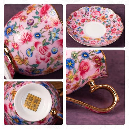 KAMMAK Tea Cup and Saucer, Ceramic Coffee Cups, 6.3 oz, Set of 2 | Porcelain Tea Cups with Saucers for Coffee and Cappuccino, Ideal for Breakfast, Afternoon Tea and Entertaining,645N+646N - style: 645N+646N