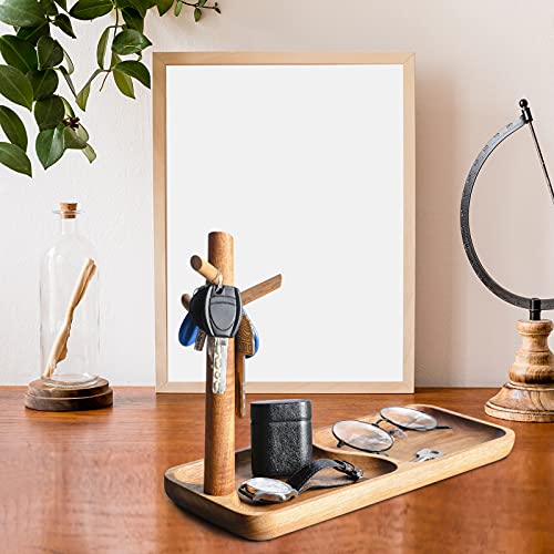 Wood Key Tray for Entryway Table, Jewelry Tray, Catchall Tray with 3 Stand Hanging Organizer, for Rings, Phone, Bracelets Watches