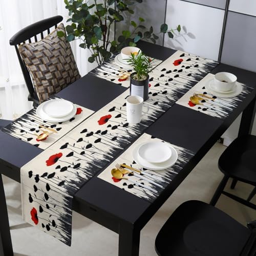 Table Runner and Placemats Set of 6 Abstract Red Floral Decorative Dining Table Runner with Matching Placemats Black Plant Leaf Table Decor for Kitchen Dining Room and Everyday Use 13x70in - size: 13"x70"+6pcs