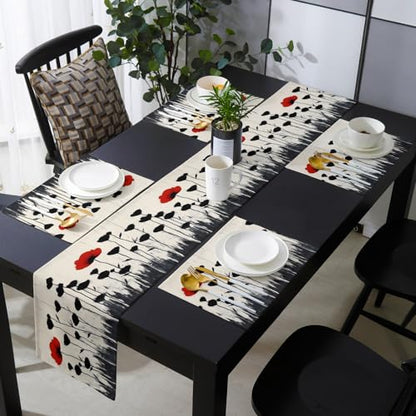 Table Runner and Placemats Set of 6 Abstract Red Floral Decorative Dining Table Runner with Matching Placemats Black Plant Leaf Table Decor for Kitchen Dining Room and Everyday Use 13x70in - size: 13"x70"+6pcs