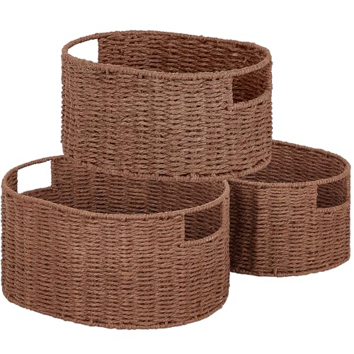 Wicker Storage Basket, Set of 3 Hand-woven Storage Baskets for Organizing, Round Large Wicker Baskets for Storage Decor, Pantry Storage Cubes Organization Baskets for Shelves, Brown - color: Brown