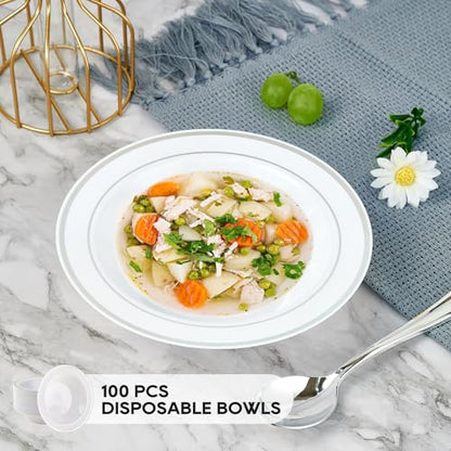 100PCS Plastic Bowls with Silver Rim 12oz Disposable Soup Bowls | Plastic Bowls for Christmas Thanksgiving Premium Dessert Salad Bowls for Wedding/Party/Halloween - color: Silver, style: 100Count