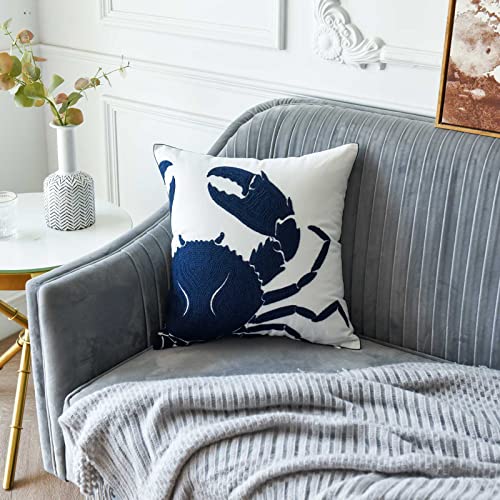 Embroidered Crab Throw Pillow Cover,Square 18 Inches Decorative Crab Canvas Pillow Cover for Nautical Style Deco by (Navy-Crab-New)