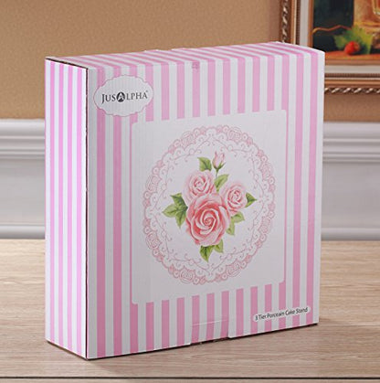 Jusalpha 3-Tier Multi Color Porcelain Dessert Stand-Cupcake Stand | Tea Party Serving Platter with Silver Pillar, comes with a sugar tong in a giftable box - color: Silver