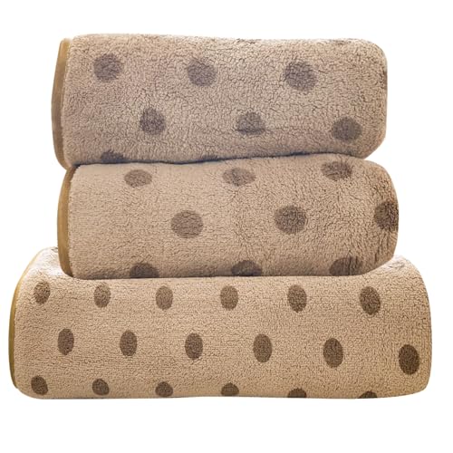 Khaki Polka Dots Towels Colorful Soft Wash Towels Set Coral Velvet Soft & Absorbent Bath Towels Set for Bathroom, Shower Spa Beach (Khaki,1 Bath Towel+2 Hand Towels) - color: Khaki Dot, size: 3 pack