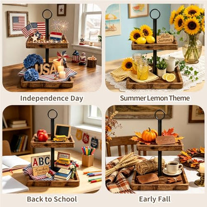 Tiered Tray Stand, Rustic 2 Tier Square Wood Serving Tray | Farmhouse Countertop Centerpiece, Cupcake Stand For Coffee Bars, Parties, Holiday Decor