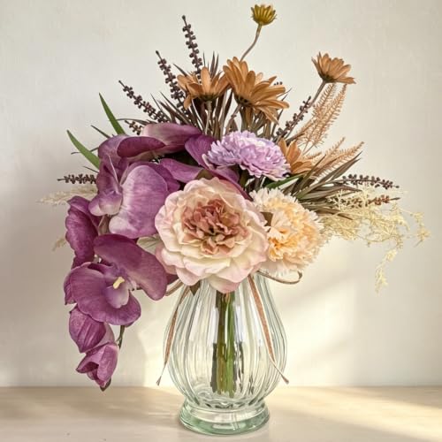 Faux Flowers with Vase, Artificial Phalaenopsis Orchid Silk Purple Flowers in Vase Faux Flower Cascading Orchid Arrangement Suitable for Home Office Decoration, Table Centerpiece (Purple) - color: Purple