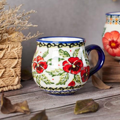 13oz Ceramic Coffee Mug, Hand-Painted Floral Polish Pottery Style Cup, Large Stoneware Tea Mug with Handle, Microwave & Dishwasher Safe (Flower A) - color: Flower A