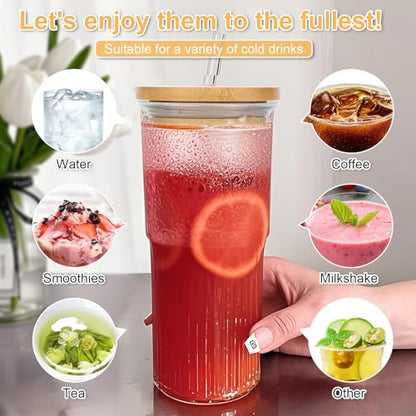 32oz Ribbed Glassware Large Cup, Glass Cups With Lids And Straws,Iced Coffee Cups With Lids,Glasses Drinking Set,Cute Cups,Boba Cup,With Straw Brush,Ideal Gift