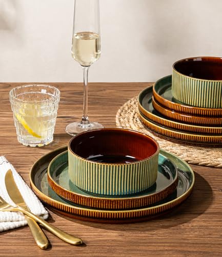 GBHOME Stoneware Dinnerware Sets for 4, 12 Pieces Plates and Bowls Set | Lightweight Ceramic Ribbed Dishes,Reactive Glaze Stackable Plate Set,Scratch Resistant,Microwave Dishwasher Safe,Maroon Olive - color: Maroon Olive