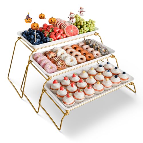 Bumusty Large 3-Tier Melamine Serving Tray Set, 17 x 8.7 in, Gold Stand | Melamine Reusable Platters with Metal Display Stand for Cupcakes, Desserts, Fruit, Cookies, Parties, Birthdays and Holidays - color: Gold, size: 17" x 8.7"