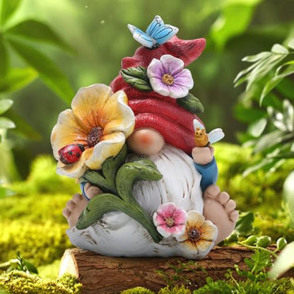 Hodao Gnome Figurine Decorations Indoor Home Decor Butterfly Bee Seven Star Ladybug - Dancing Spring Petal Gnome - Summer Garden Patio Gnome Sculpture Decorations (Flower gnome) - style: Garden