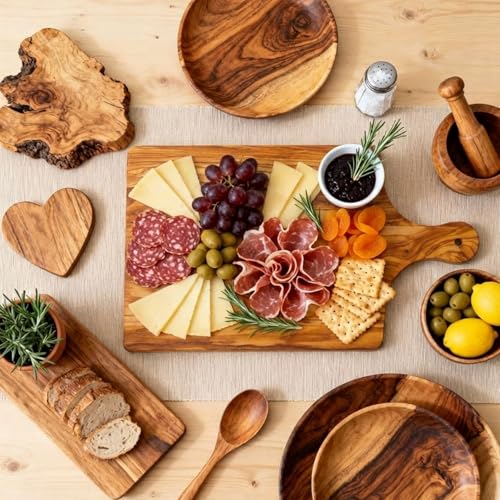 Olive Wood Charcuterie Board Knife Fork Set Rectangle Long Handle | 15x10 Handcrafted Cheese Serving Platter, Wedding Housewarming Gifts Couples, Natural Wood Grain Kitchen Board - color: Olive Wood, style: Rectangle with Long Handle