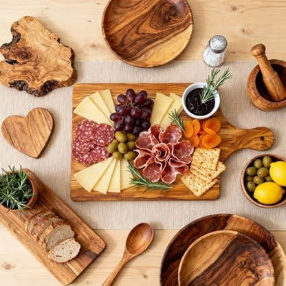 Olive Wood Charcuterie Board Knife Fork Set Rectangle Long Handle | 15x10 Handcrafted Cheese Serving Platter, Wedding Housewarming Gifts Couples, Natural Wood Grain Kitchen Board - color: Olive Wood, style: Rectangle with Long Handle