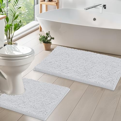 LuxUrux Bathroom Rugs Sets 2 Piece: Quick Dry, Soft Plush Anti-Slip, Super Absorbent. Includes Rectangular (31x20 inches) & U-Shaped Toilet Mat (20x20 inches) | White - color: White, size: 2 Piece Set