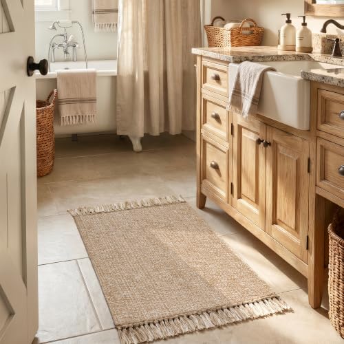 Boho Small Bathroom Rug 2' x 3', Modern Farmhouse Rugs for Entryway | Hand-Woven Washable Kitchen Mat, Tan/Cream Low Profile Front Door Mat, Reversible Jute Porch Carpet for Laundry Bedroom - color: Tan/Cream, size: 2' x 3' (Rectangular)