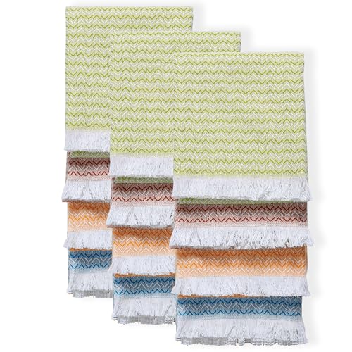 TWINY threads Set of 12 100% Cotton Kitchen Towels, 16"x26", Multicolor | Chevron Weave Dish Cloths & Rags, Soft, Absorbent, Quick Dry, Washable, Reusable Tea Towel for Baking, Cleaning & Drying Use - color: Chevron Turquoise, Rust, Yellow, Green, size: 2