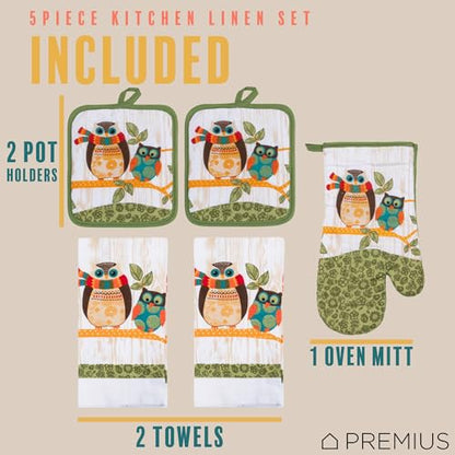 5 Piece Owls Printed Kitchen Linen Set By PREMIUS, 2 Cotton Towels, 2 Potholders, 1 Oven Mitt with Hanging Loop, 100% Cotton Material on Front & Polyester Backing, Perfect Kitchen Accessory, Gift - color: Owls
