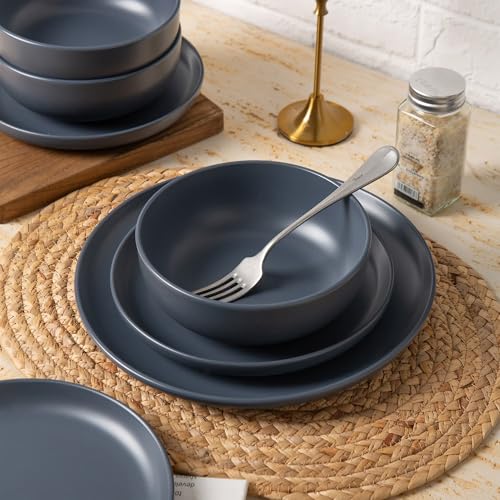 12-Piece Stoneware Dinnerware Set with Mugs | Microwave and Dishwasher Friendly | Stackable Matte Glaze Plates & Bowls | Service for 3 (Blue for 3) - color: Blue for 3