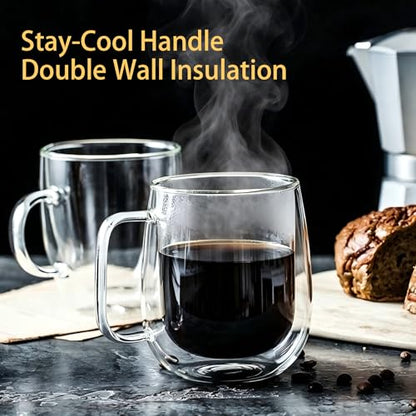 Double Wall Glass Mugs Set of 2, 9 oz Borosilicate Glass Coffee Cups with Handle, Insulated Clear Espresso Glasses for Hot and Cold Drinks, Heat Resistant Tea Latte Cappuccino Mugs, Dishwasher Safe