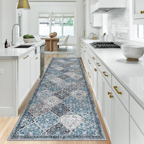 KILOCOCO 3x10 Washable Runner Rug Nonslip Soft Area Rug for Hallway Kitchen | Moroccan Trellis Spill & Stain Resistant Low Pile Carpet for Entryway Office Laundry Bedroom, Easy Clean - color: Blue/Multi, size: 3' x 10' (Runner)